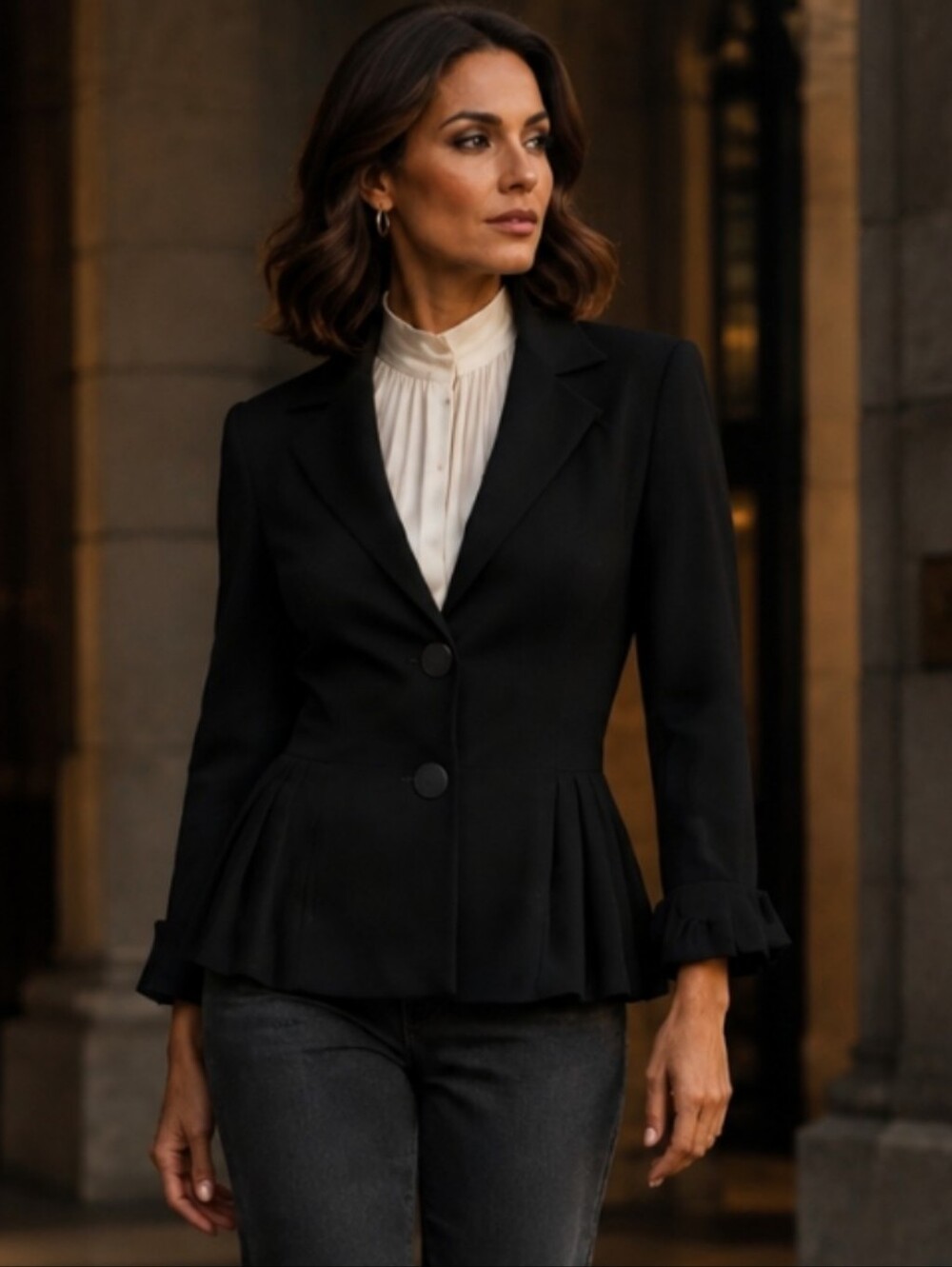 Luca Luca Black Virgin Wool Silk Lined Peplum Blazer Italy IT 44 US 8